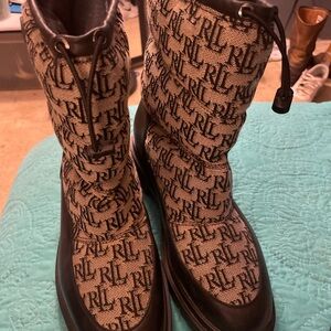 Ralph Lauren Women's Monogrammed Black and Tan Winter Boots